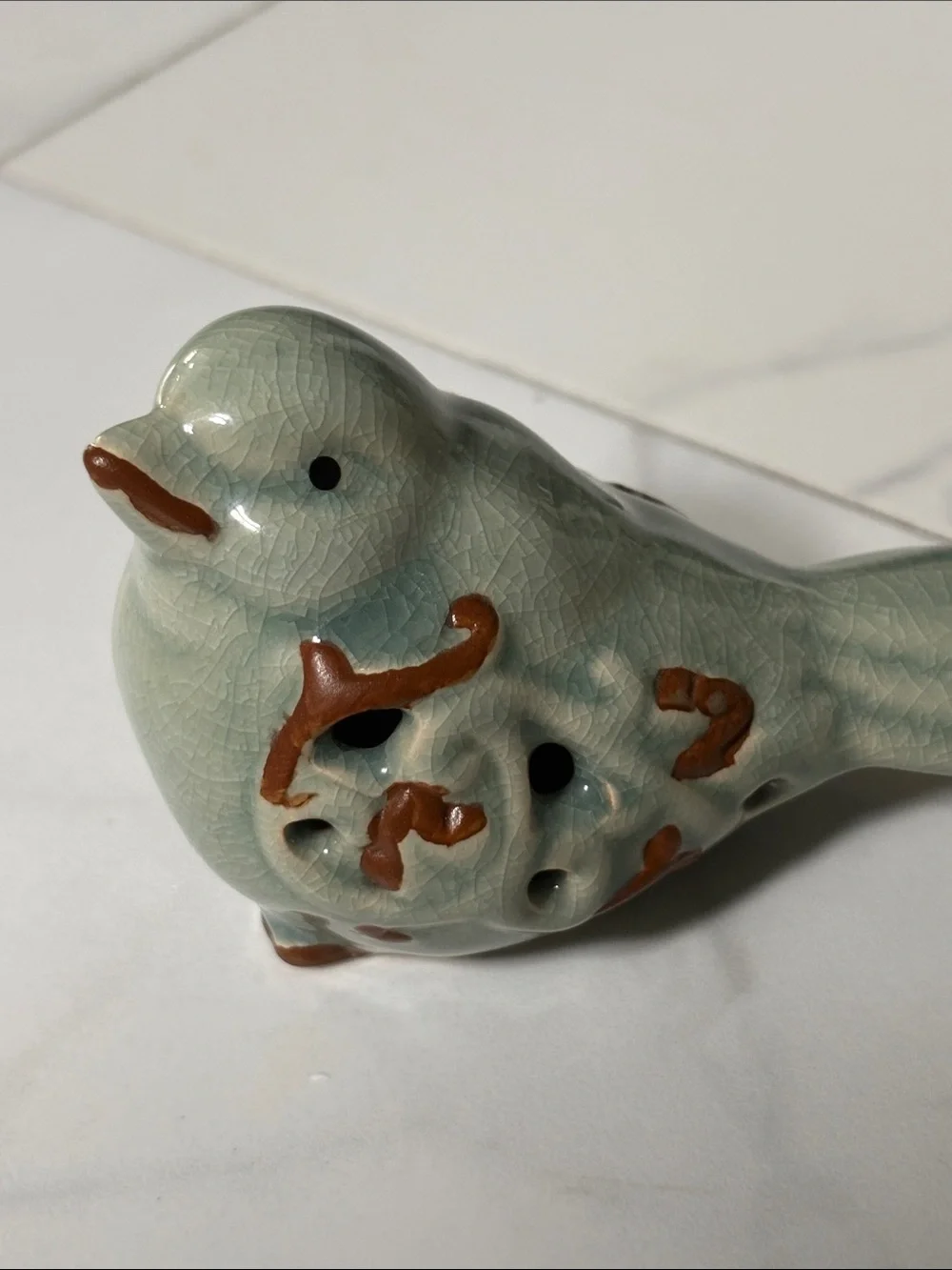 Ceramic Bird Figurine Pair in Pale Sage with Brown Accents